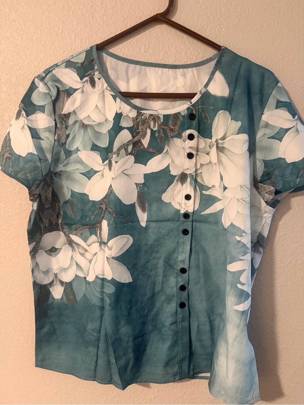 Floral Teal Short-Sleeve Blouse with Button Detail
